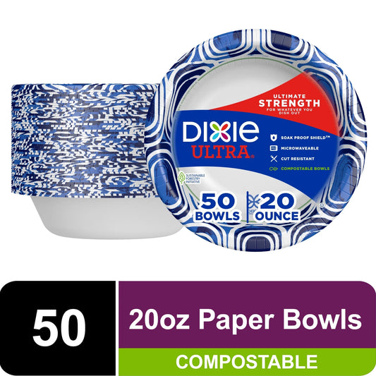 Ultra Disposable Paper Bowls, 20 Oz, Multi-Color,Compostable, 50 Count