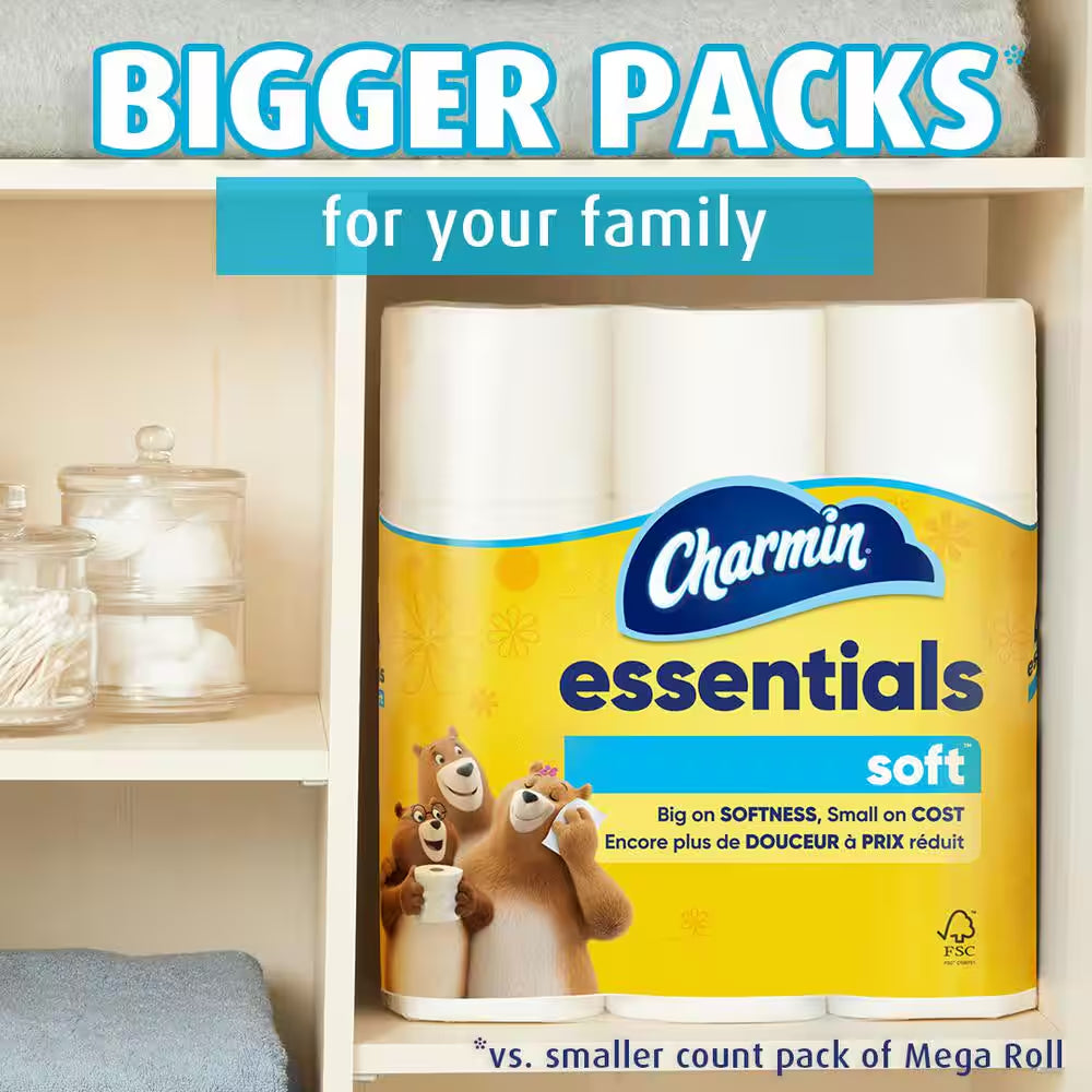 Essentials Soft Toilet Paper Rolls (12 Mega Rolls)