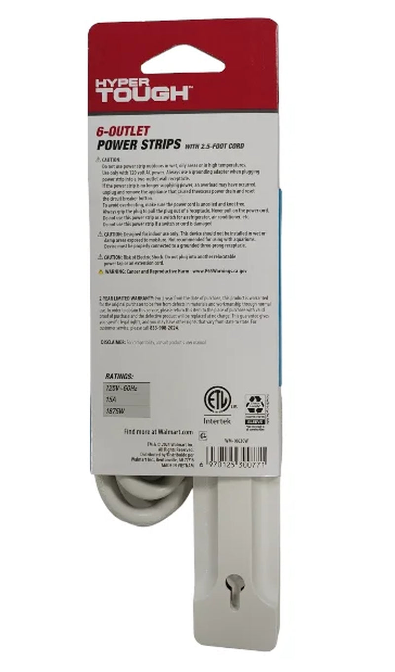 6-Outlet Power Stríp with 2.5-Foot Cord , White，15A，125V-60Hz