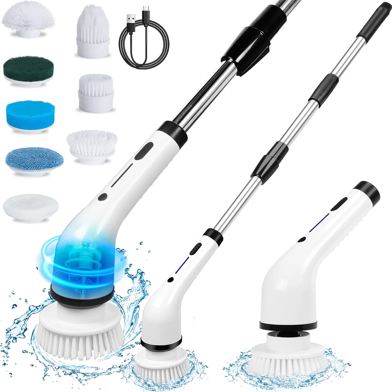 Electric Spin Scrubber, Cordless Cleaning Brush with 8 Replaceable Brush Heads Adjustable Extension Handle, Shower Scrubber for Bathroom Kitchen Floor Car