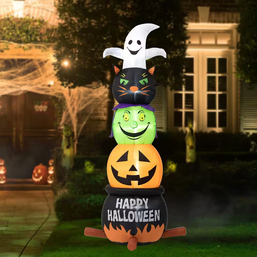 8 Ft. Lighted Halloween Inflatable Stacked Ghost, Black Cat, Witch and Pumpkin Decor