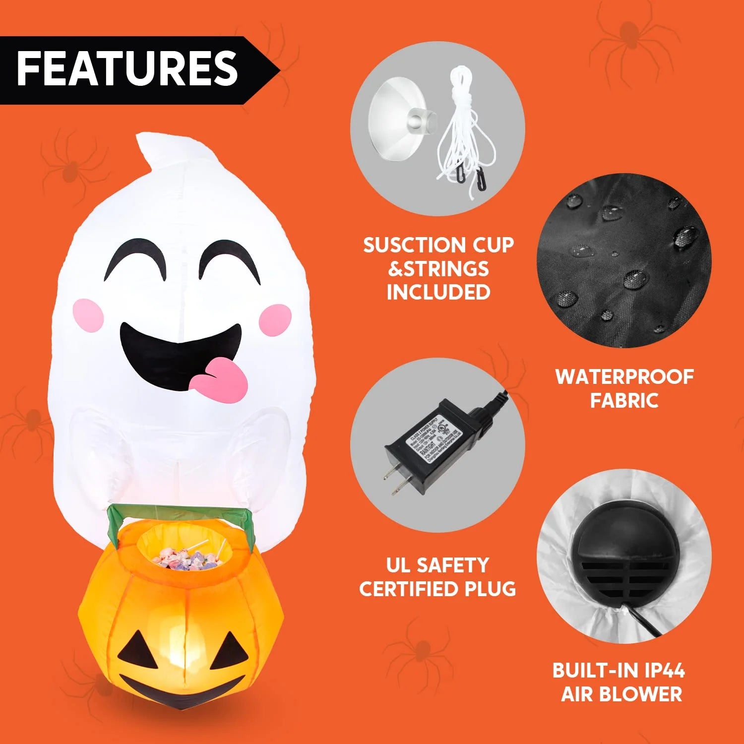 4.5 FT Halloween Inflatable Outdoor Cute Flying Ghost with Pumpkin Candy Basket Broke Out from Window with Built-In LED Blow up Inflatable for Window Decoration Yard