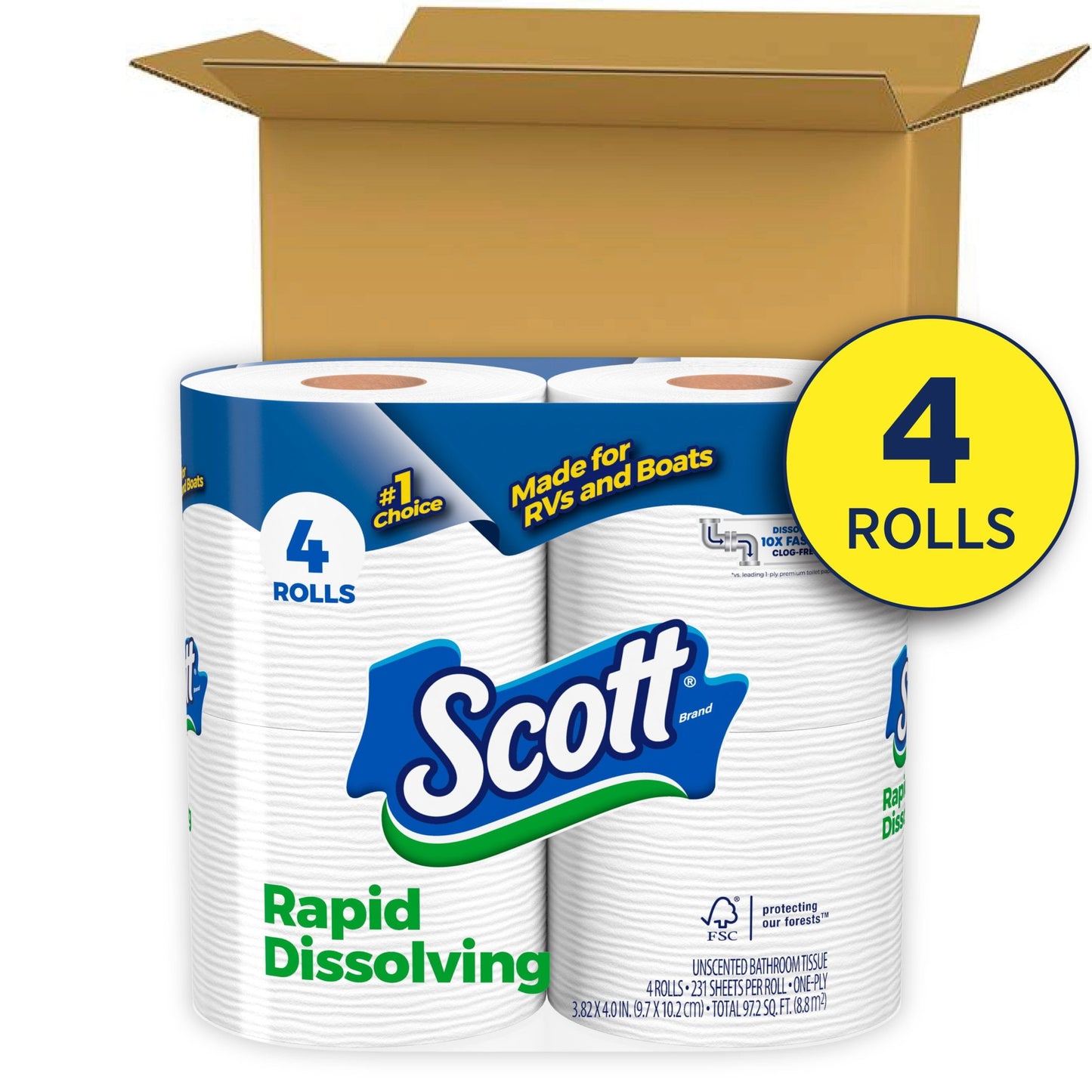 Rapid-Dissolving Toilet Paper for Rvs & Boats, 4 Double Rolls