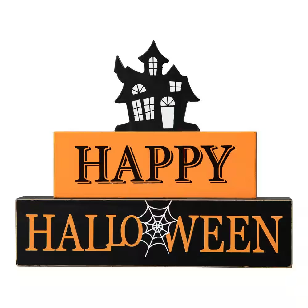 7.75 In. H Happy Halloween Wooden Haunted House Block Sign