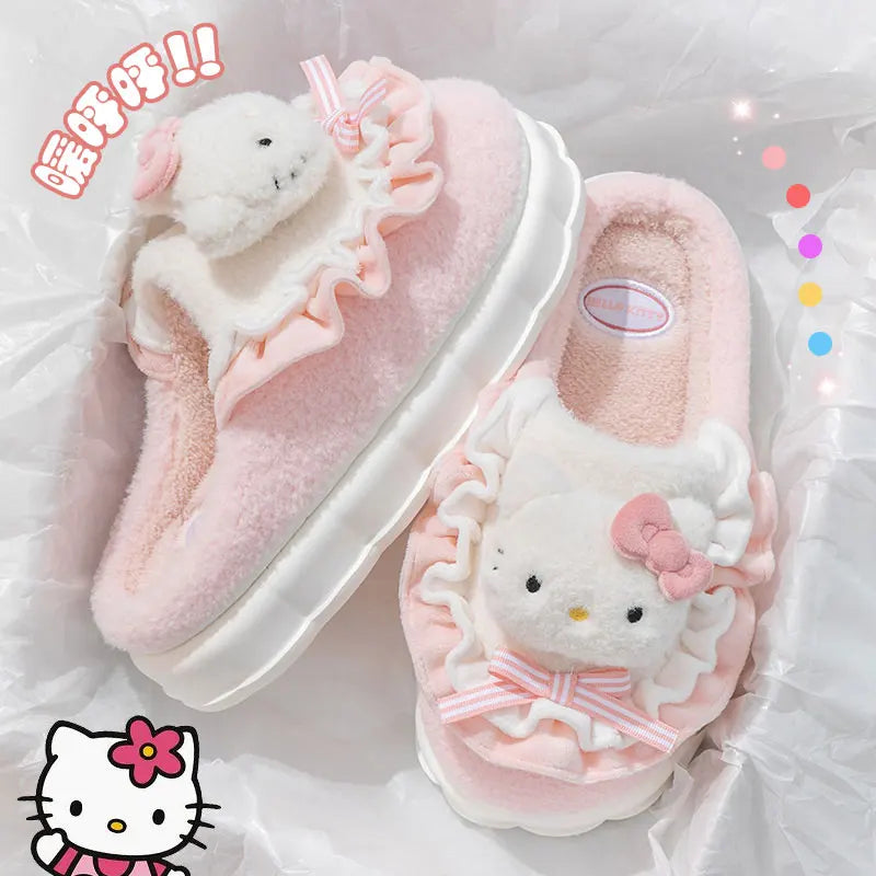Sanrio Hello Kitty Cotton Slippers for Women My Melody Winter Thick Soft Sole Slides Indoor Floor Flat Home Non-Slip Shoes
