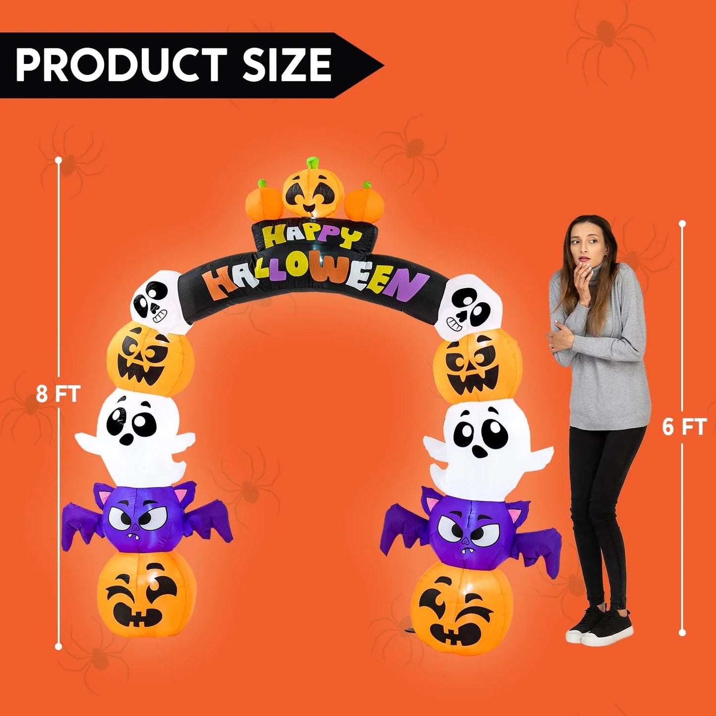 8 FT Halloween Inflatable Stacked Pumpkins Halloween Archway Bat Decorations Inflatable with Build-In Leds,Halloween Blow up Yard Decorations