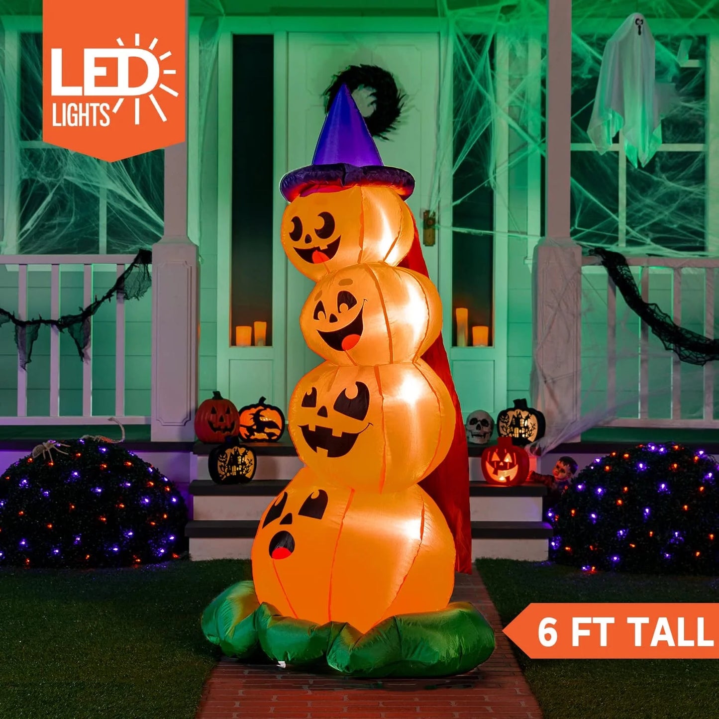 6 FT Halloween Inflatables Stacked Pumpkins with Build-In Leds for Porch,Halloween Pumpkin Decor Blow up Yard Decorations