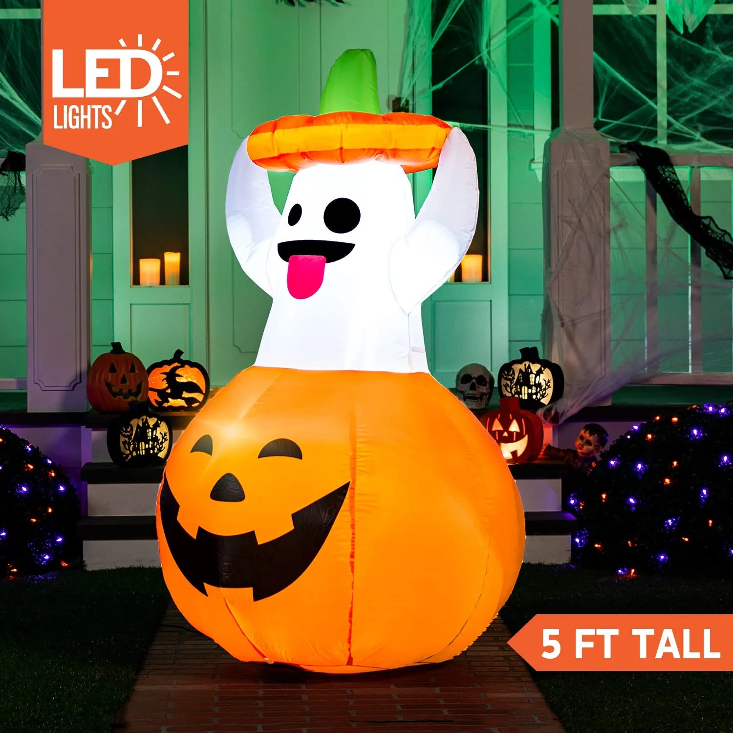 5 FT Halloween Inflatables Light up Pumpkin Ghosts Halloween Inflatables Outdoor Decorations,Blow up Halloween Yard Decorations