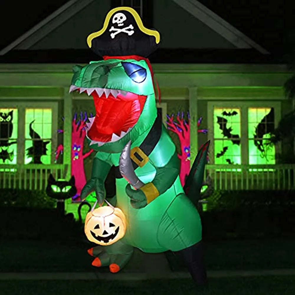 7FT Outdoor Halloween Decorations Halloween Dinosaur Inflatable, Halloween Inflatables Blow up Dinosaur, Green Pirate Dino Halloween Decorations Dinosaur Halloween Inflatable for Holiday/Party