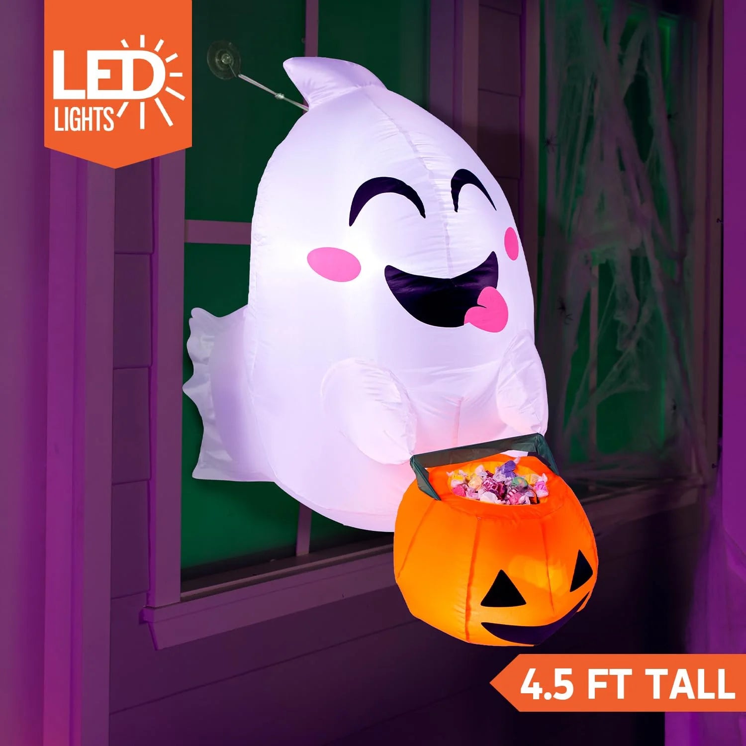 4.5 FT Halloween Inflatable Outdoor Cute Flying Ghost with Pumpkin Candy Basket Broke Out from Window with Built-In LED Blow up Inflatable for Window Decoration Yard