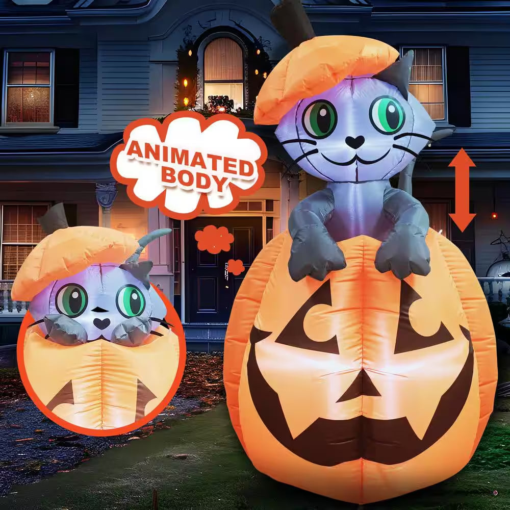 5 Ft. Multi-Color Halloween Inflatable Kitty Cat on Pumpkin Made of Polyester