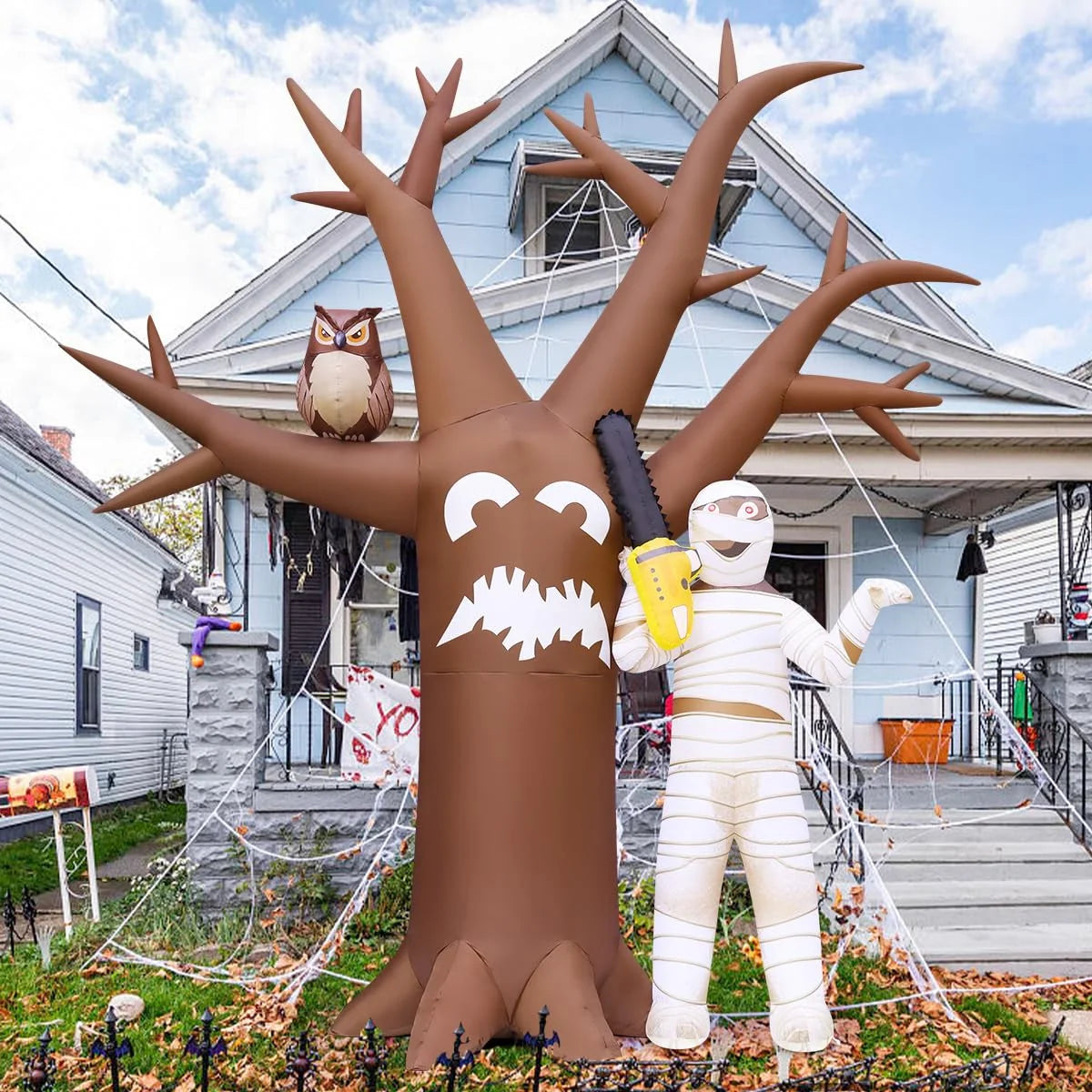 Halloween Inflatable 12 FT Inflatable Halloween Tree with Mummy, Scary Halloween Tree Inflatable Halloween Blow up Tree with LED Lights, Funny Halloween Decorations for Halloween/Holiday