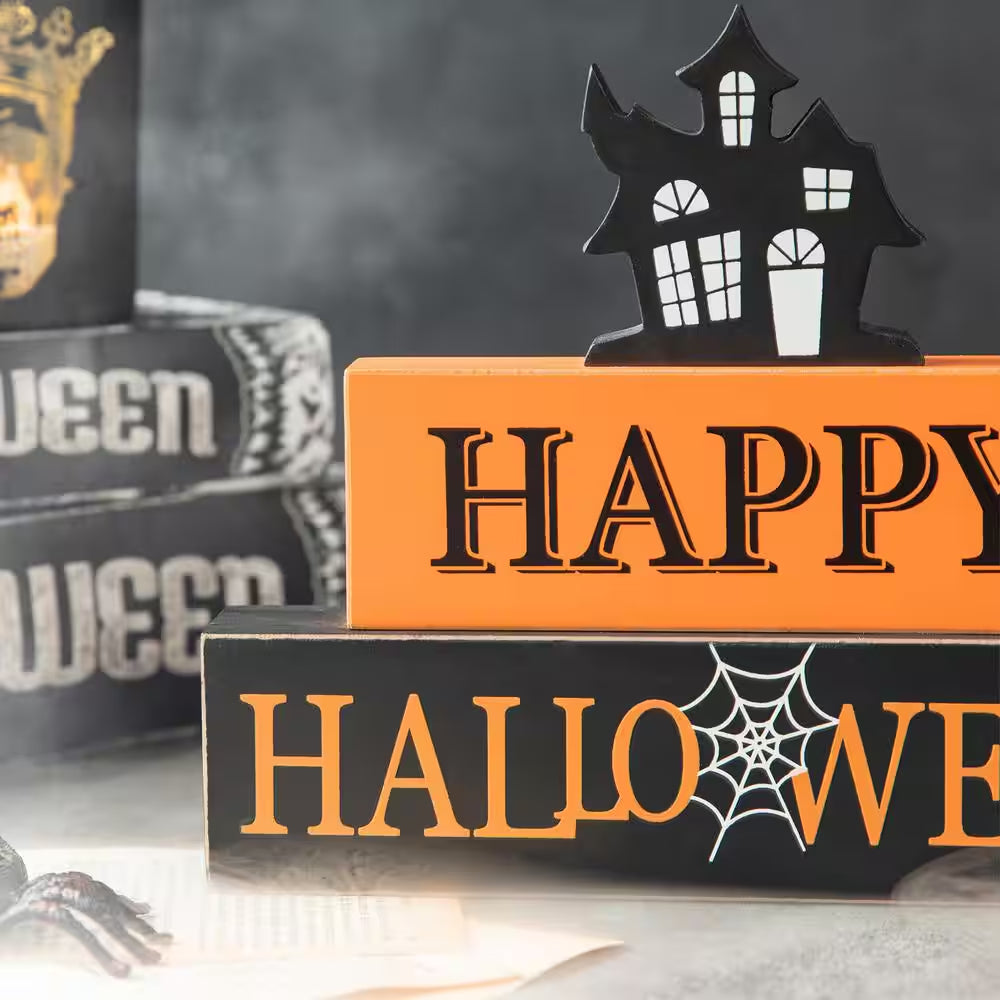 7.75 In. H Happy Halloween Wooden Haunted House Block Sign