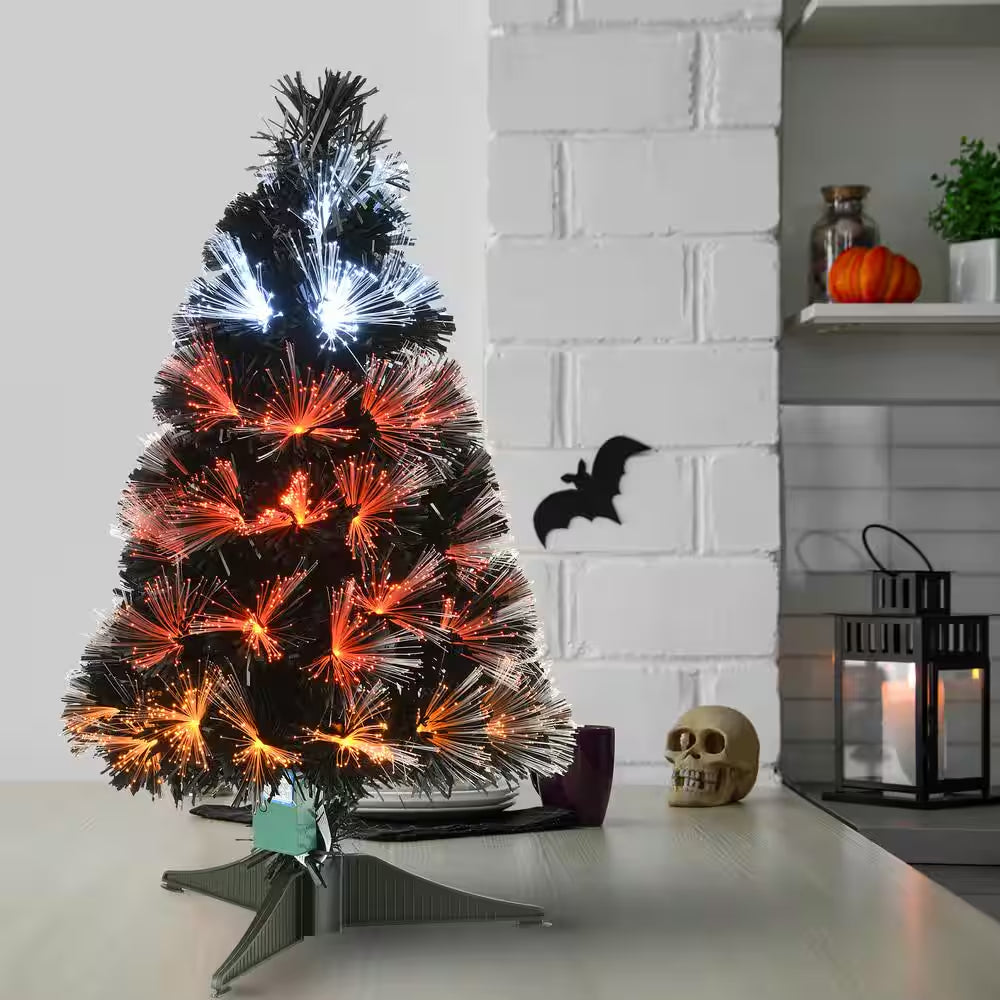 2 Ft. Black Fiber Optic Artificial Halloween Tree with Candy Corn Color Lights, 8 Functions