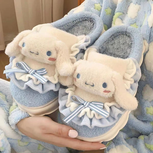 Pompom Purin Plush Slippers Cute Cinnamoroll Hello Kitty Fuzzy Winter Warm Shoes